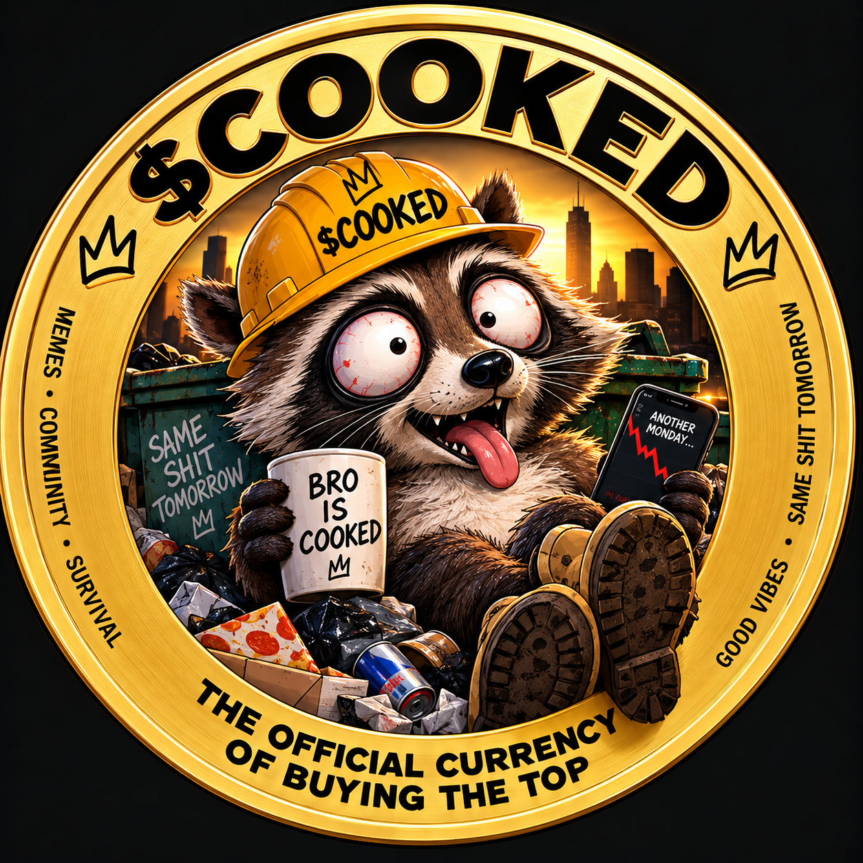 $COOKED gold coin featuring the hard-hat raccoon mascot